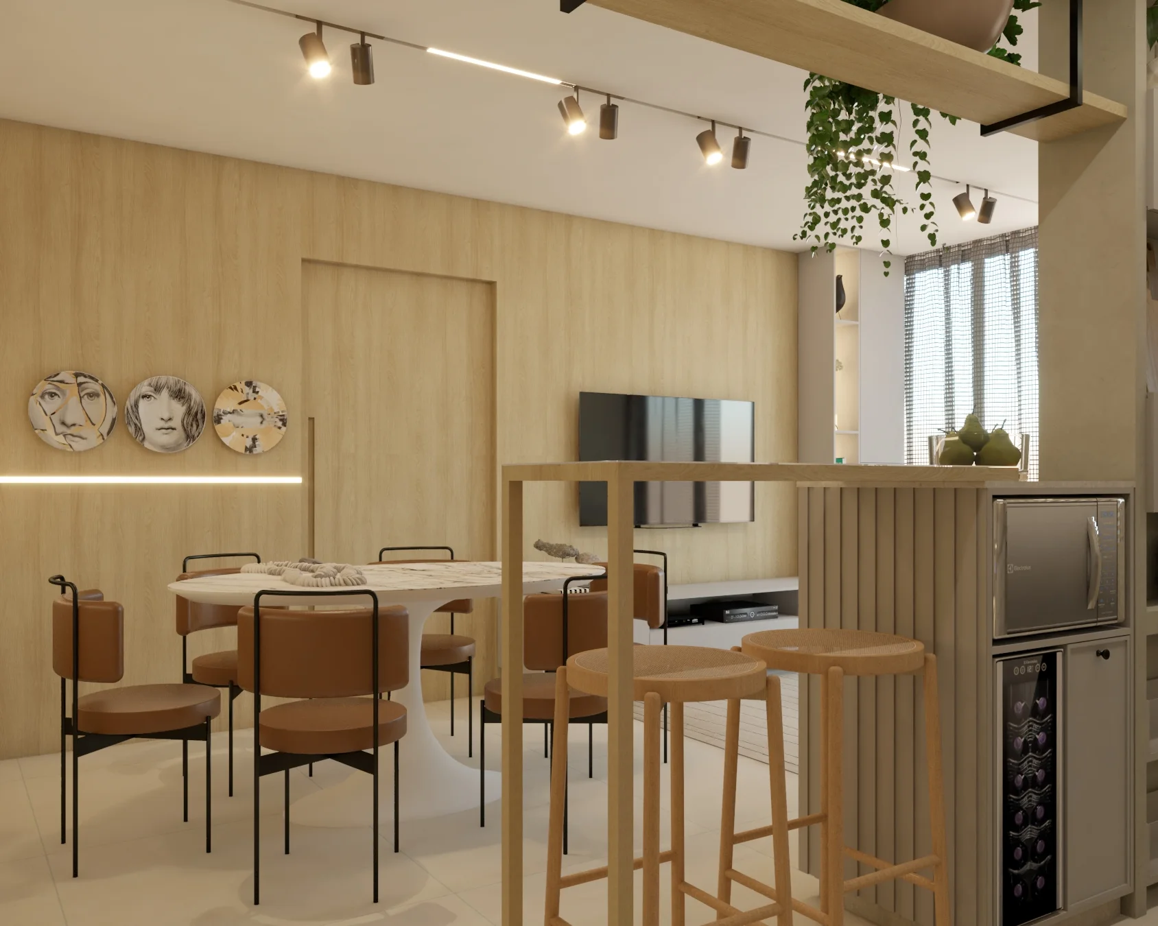 Sala integrada com madeira clara, iluminação natural e mobiliário em tons neutros