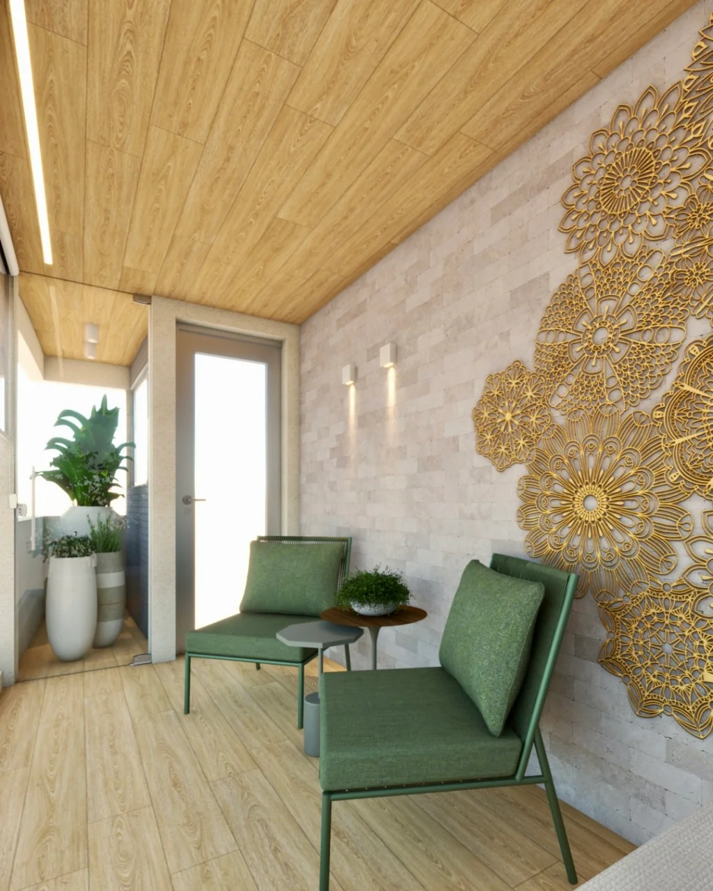 Sala iluminada com parede texturizada, vegetação e poltronas verdes